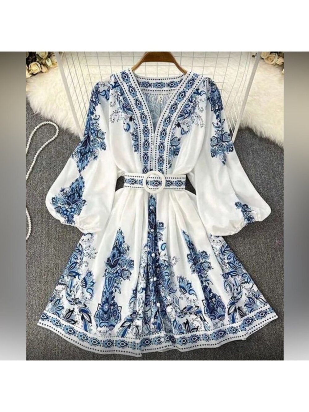 Elegant Blue and White Floral Dress